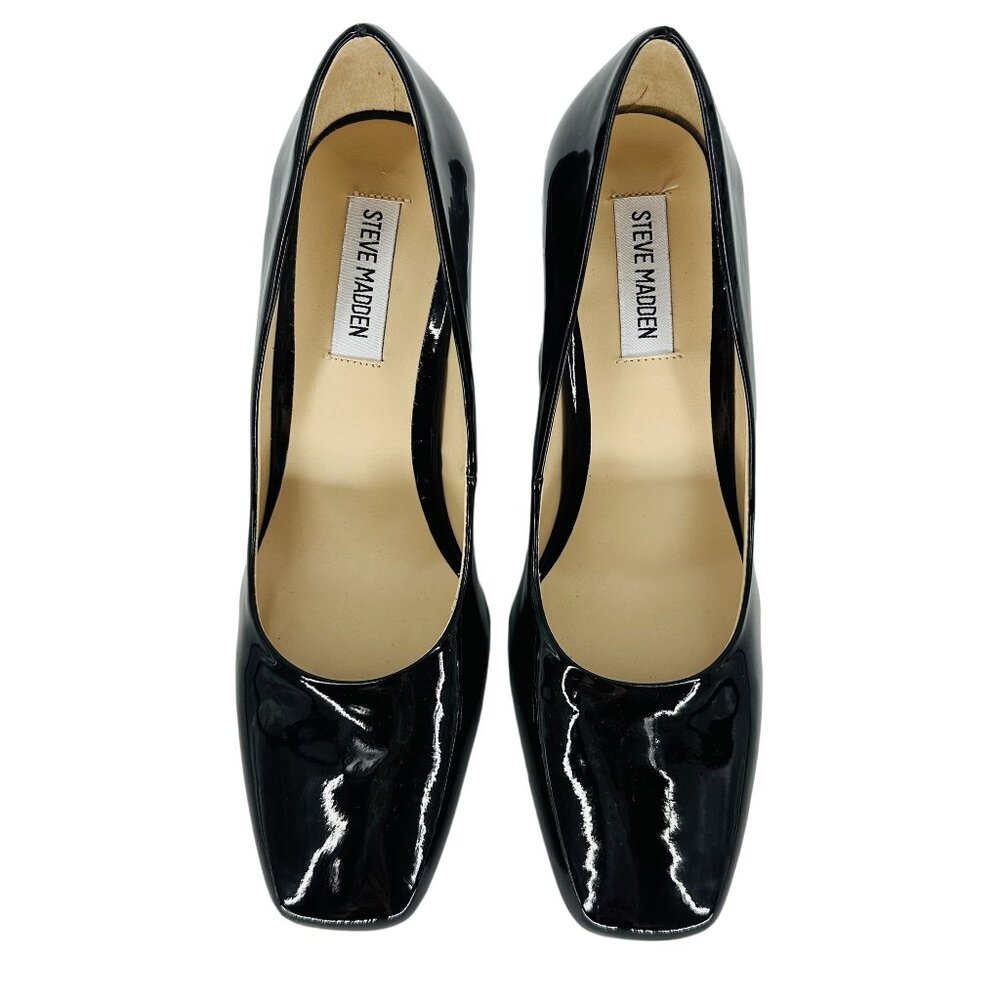 Steve Madden Black Patent Synthetic Leather Square Toe Chunky Block Heel Shoe 8M - Picture 3 of 7